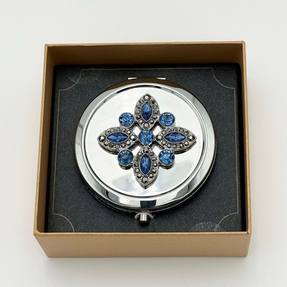 Monet Jewel Compact Mirror With Blue Rhinestone Design Silver Tone Finish NIB
